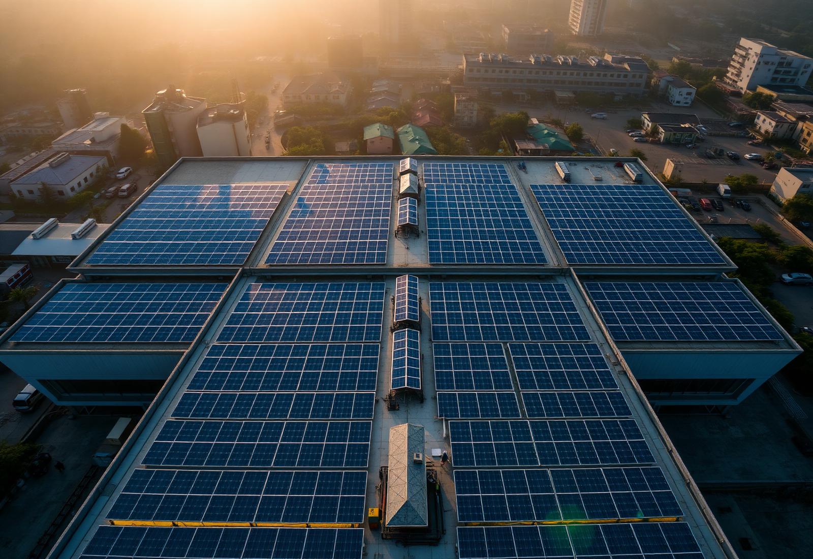 Solar panels on factory rooftop